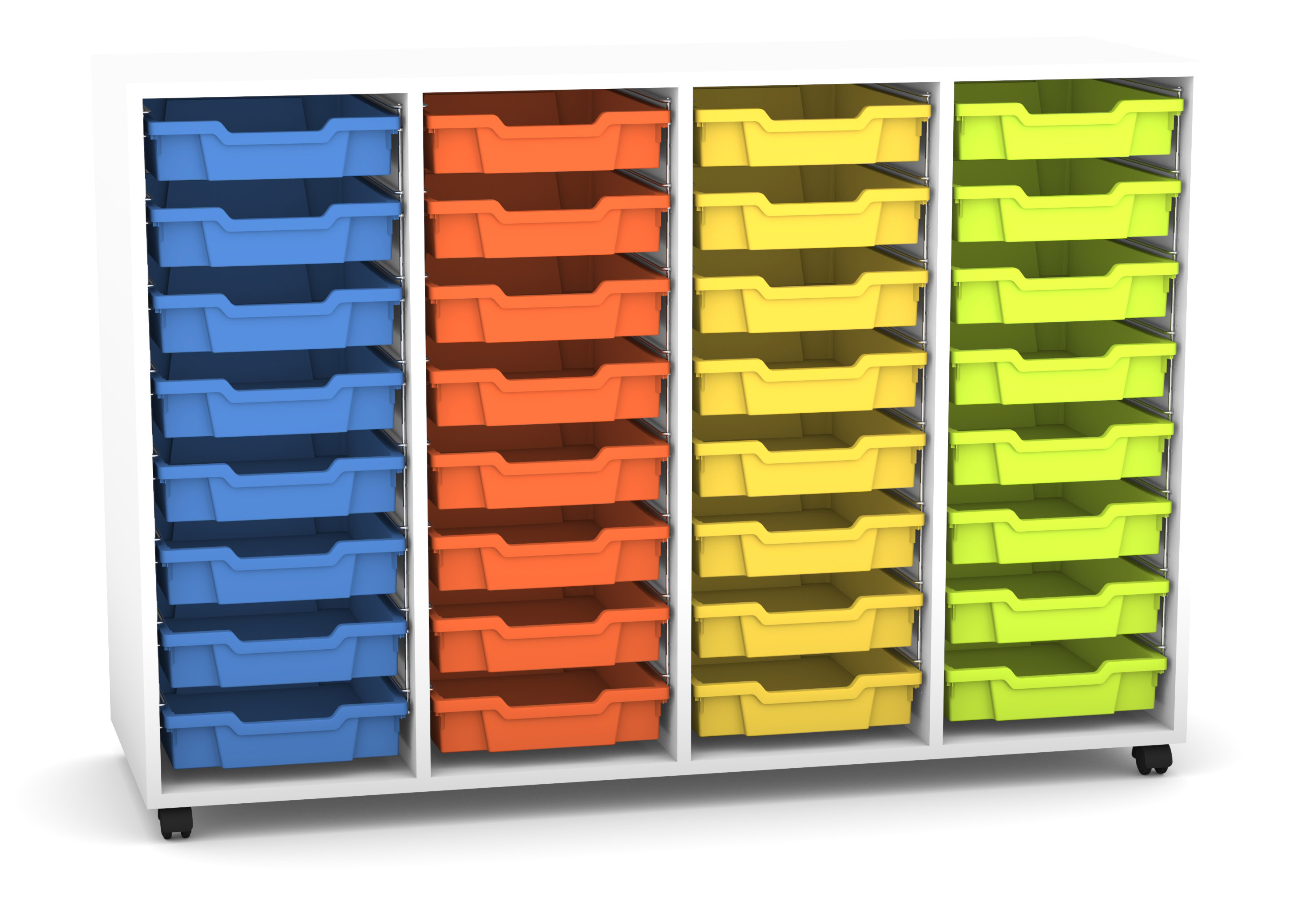 Flexeo Regal PRO weiß, HxBxT: 99.1 x 143.9 x 48 cm, mit 4 Reihen, Rollen, inkl. 32 kleinen Boxen bunt A