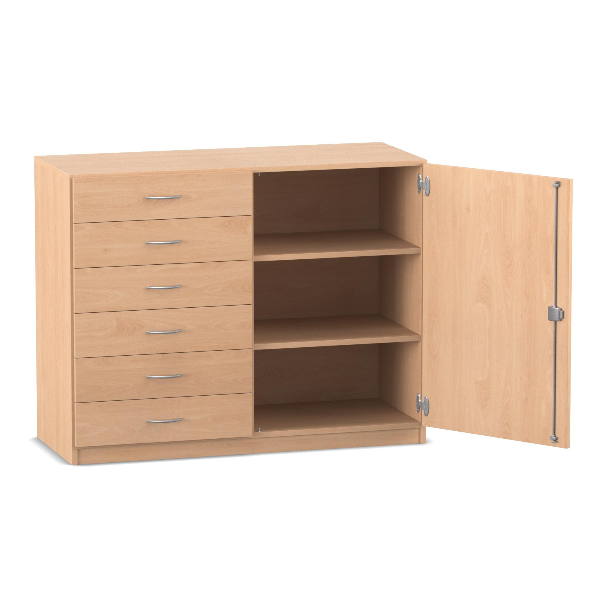 Flexeo Schrank, Buche hell, 6 kleine Schubladen, HxBxT: 99,1 x 126,4 x 40 cm, Türanschlag links, Bogengriff mit Schloss