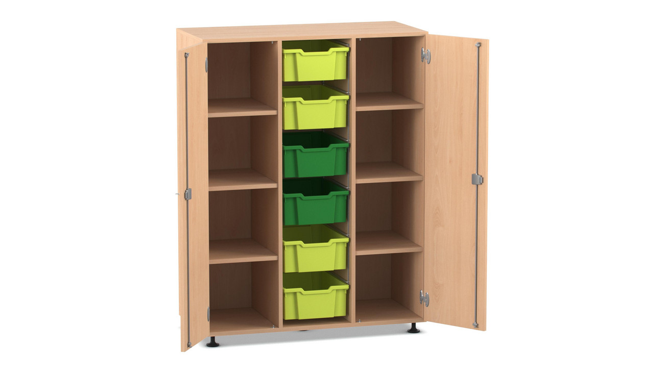 Flexeo Schrank mit 3 Reihen, 9 Boxen hell-/dunkelgrün , 2 Türen, Dekor buche hell