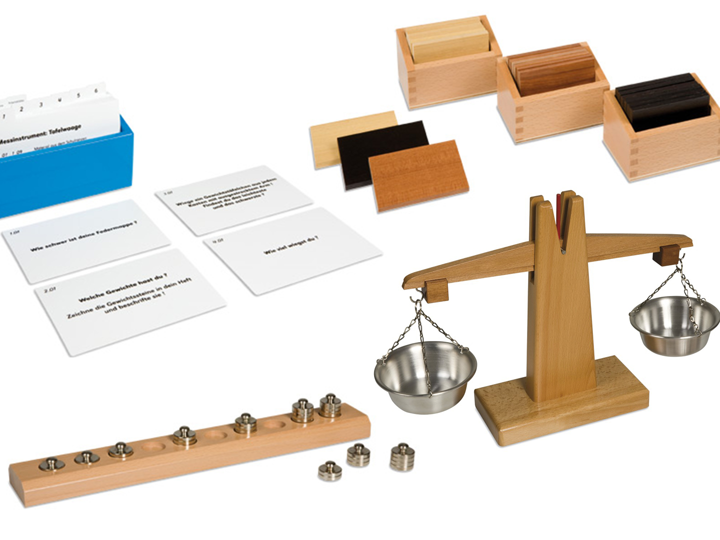 Montessori Mess-Set 2: Gewicht: Holzwaage mit Gewichten, Gewichtstäfelchen und Aufgabenkarten