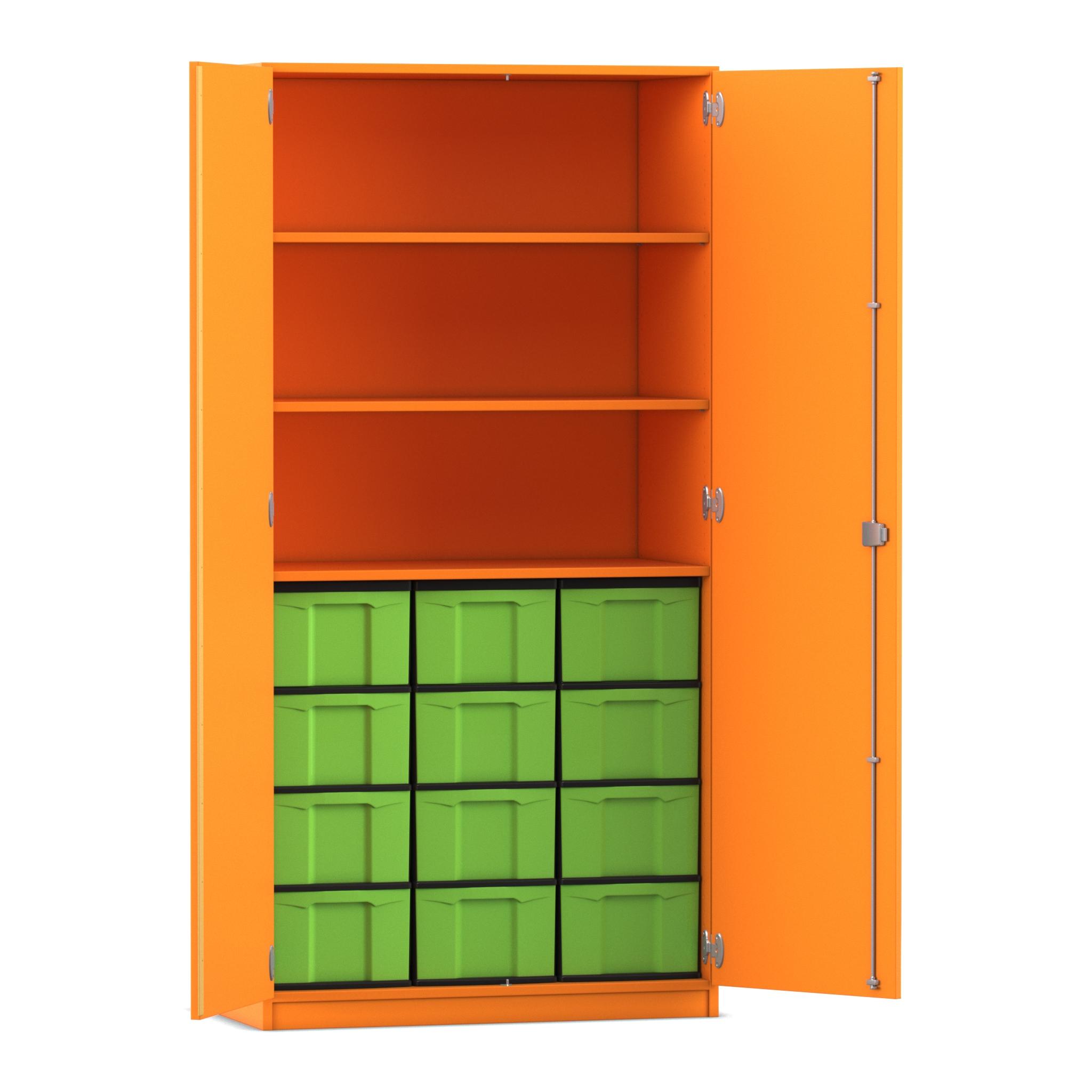Flexeo Hochschrank Orange mit 3 großen Fächern, 12 großen Boxen grün, Türen, Bogengriff mit Schloss, 50cm tief