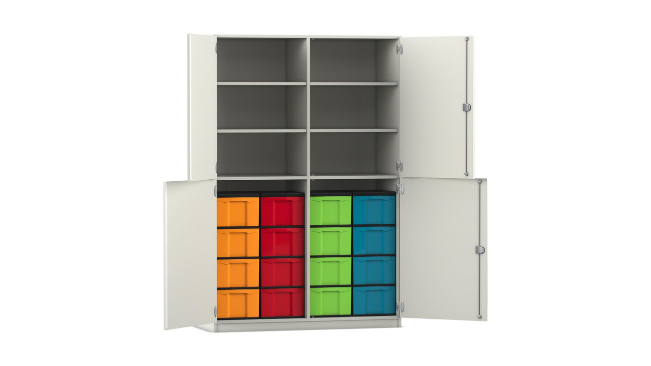 Flexeo Halbtürenschrank, Dekor weiß, 16 Boxen bunt, HxBxT: 190 x 126,4 x 60 cm, Schloss
