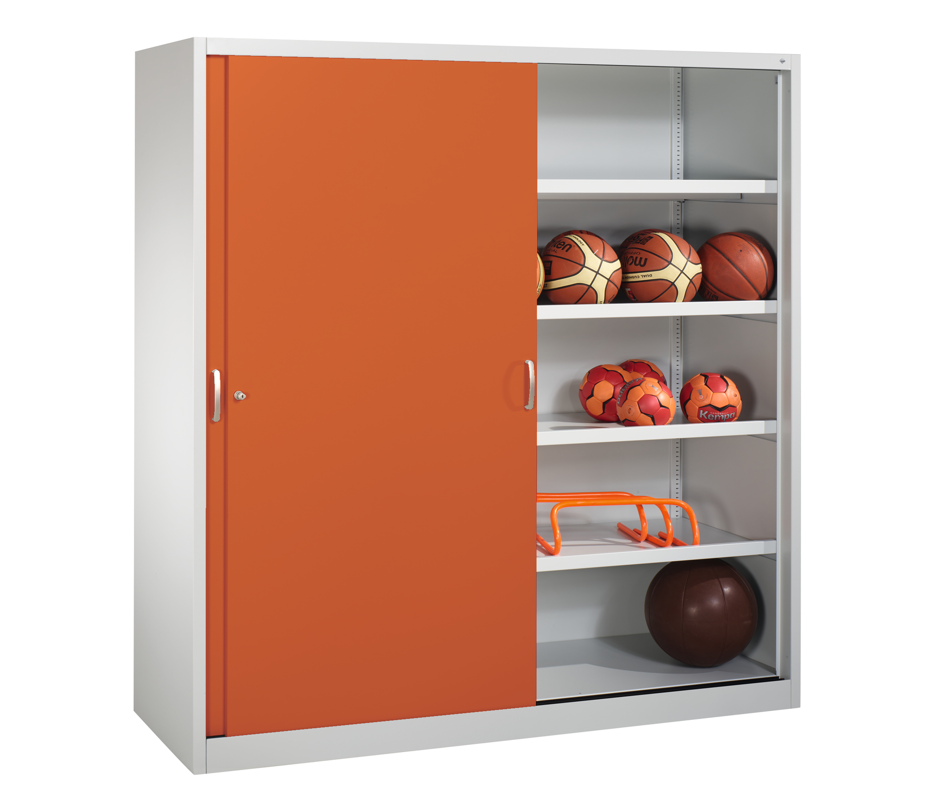 C+P Sportgeräteschrank, 1950x1900x600mmKorpus RAL 7035 Lichtgrau, Front RAL 2004 Reinorange