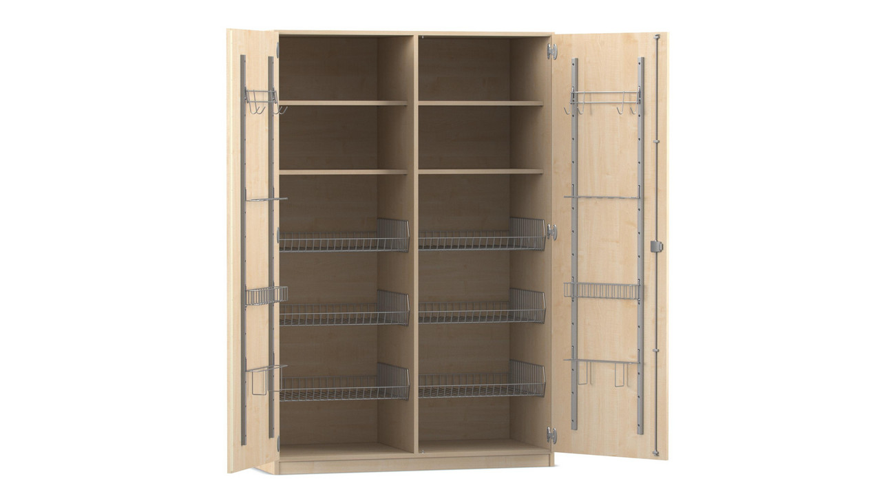 Flexeo Sportschrank mit Gerätehaken, Ahorn honig, 6 Gitterkörbe, Schloss
