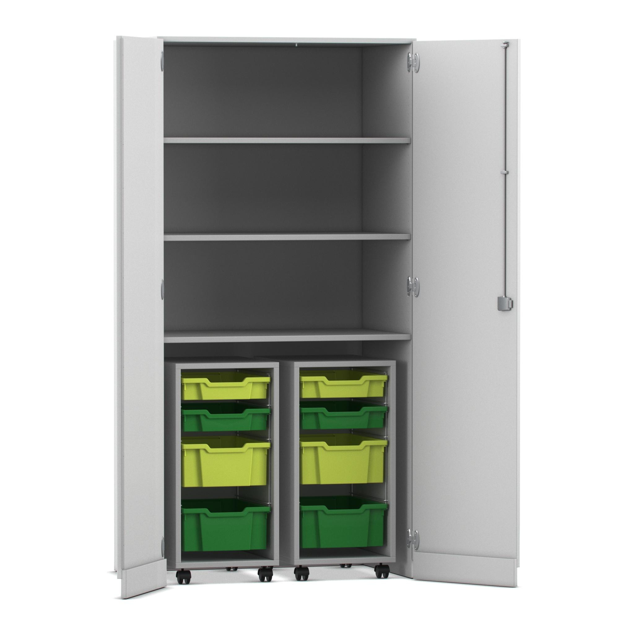 Flexeo® Garagenschrank PRO, Dekor grau, HxBxT: 190 x 94,4 x 60 cm, 2 Rollcontainer, 8 Boxen Gr. S und M, dunkelgrün/hellgrün, Bogengriff mit Schloss