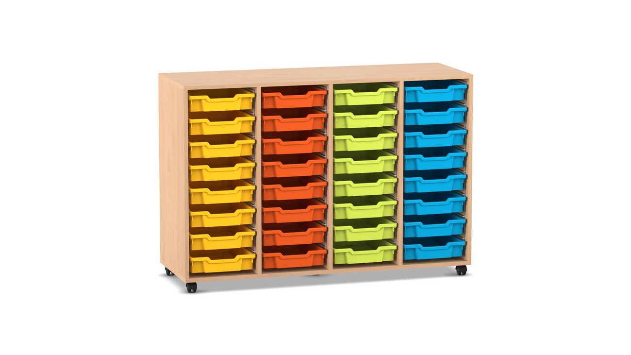 Flexeo Regal PRO, Buche hell, HxBxT: 99.1 x 143.9 x 48 cm, mit 4 Reihen und 32 kleinen Boxen bunt A, Sockel