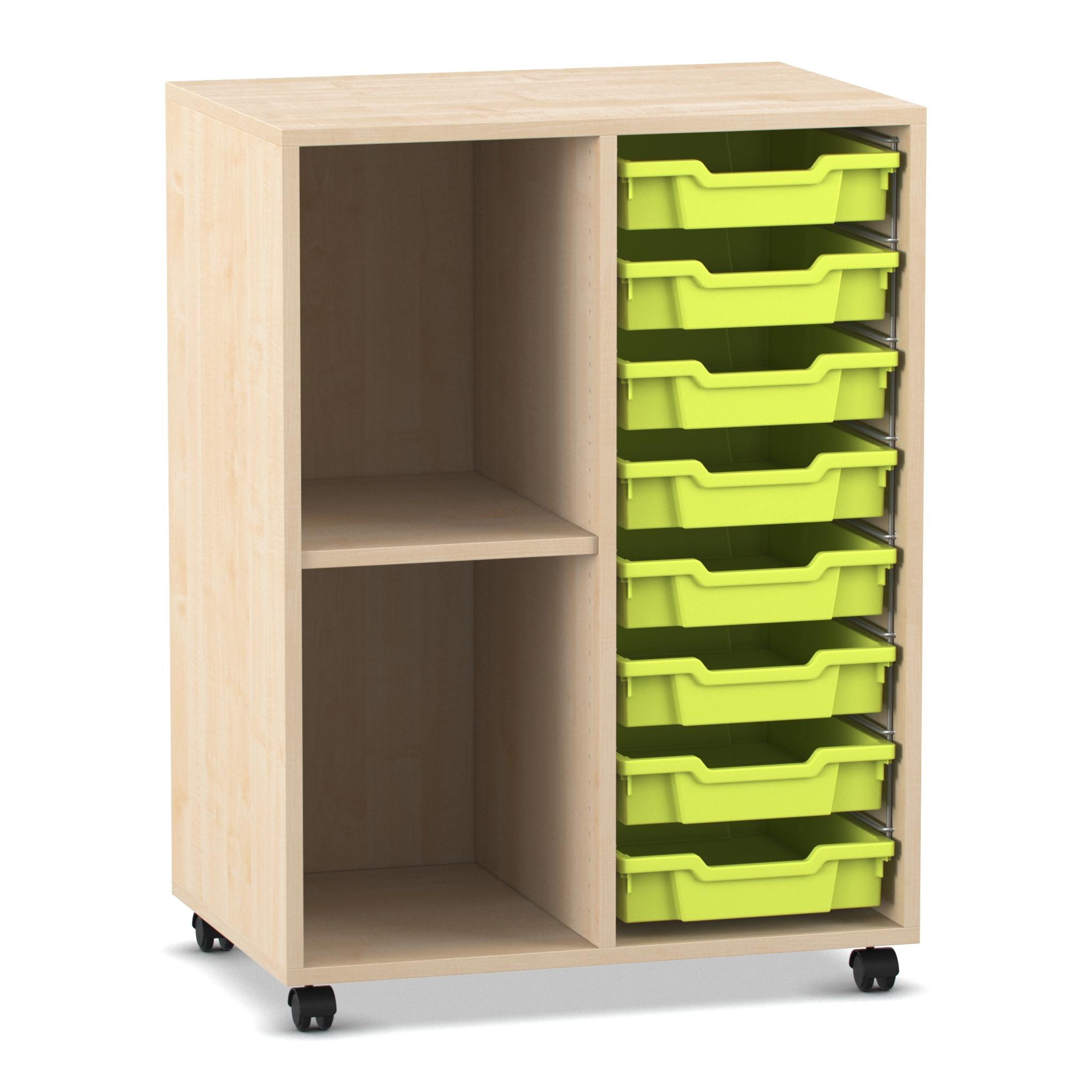 Flexeo Regal PRO mit 2 Reihen, 2 Fächern und 8 kleinen Boxen Hellgrün, Dekor Ahorn-Honig, mit Rollen