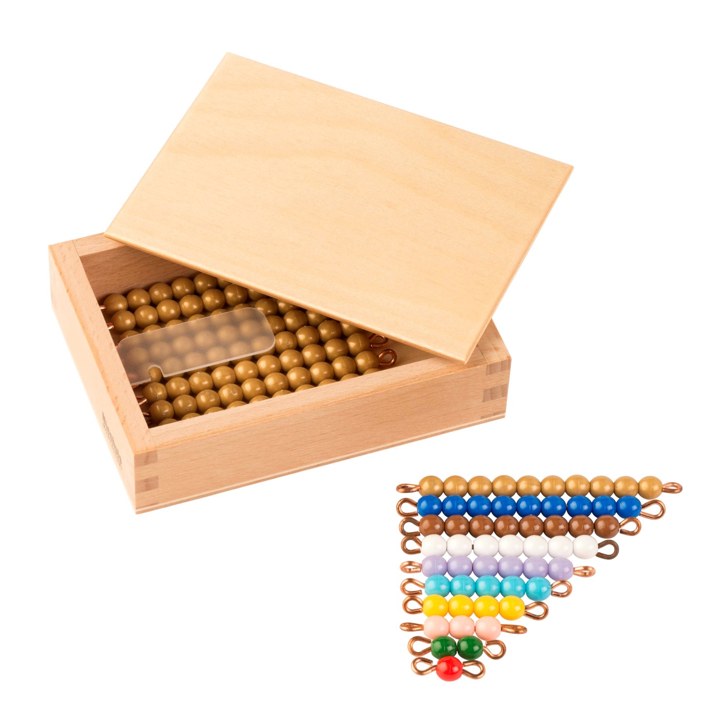 Kasten mit farbiger Perlentreppe von 1 bis 9 und neun goldenen Zehnerstäbchen (1 Satz Kunststoff)