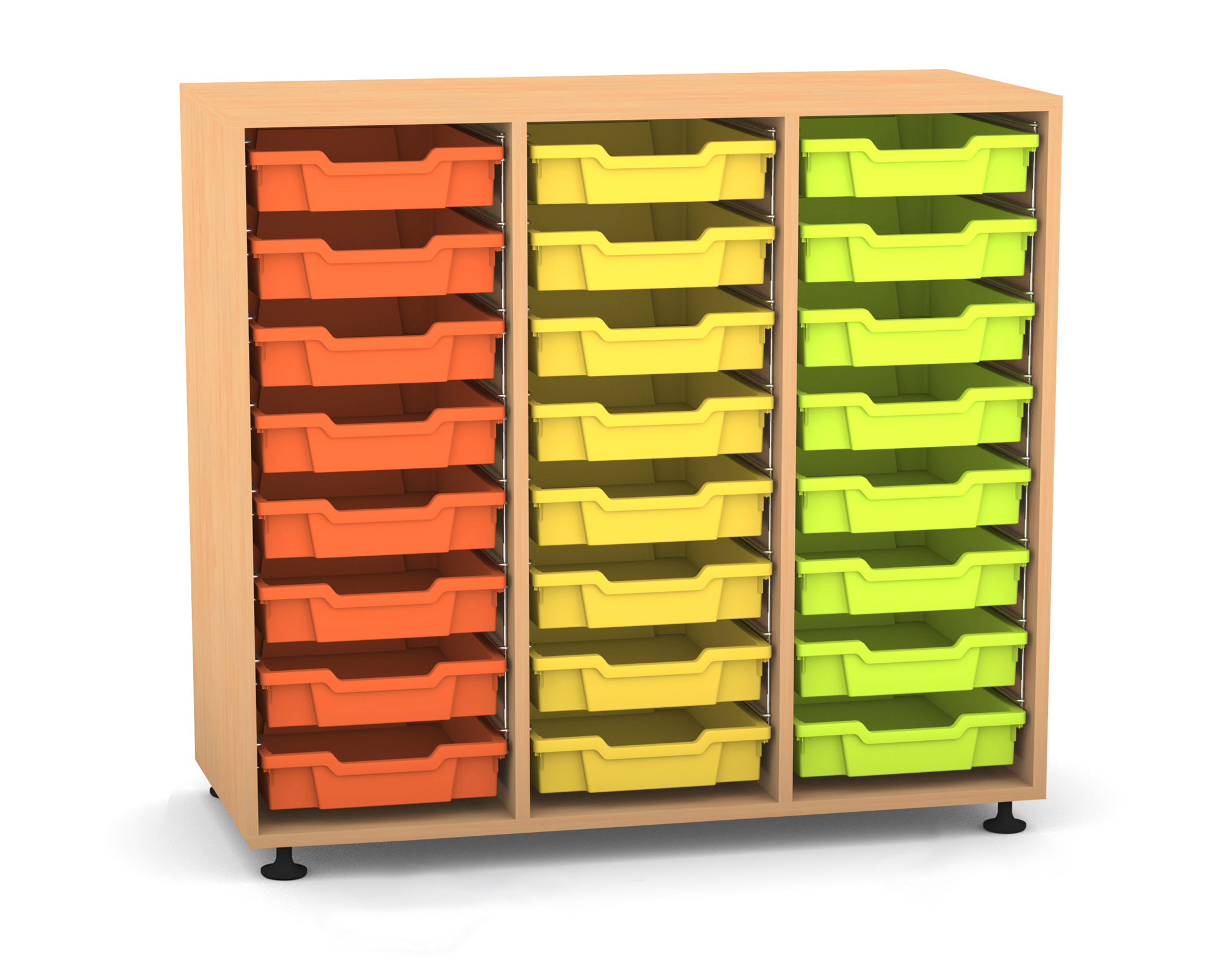 Flexeo Regal PRO mit 3 Reihen und 24 kleinen Boxen Dekor Buche hell, Stellfüße, Boxen orange gelb grün
