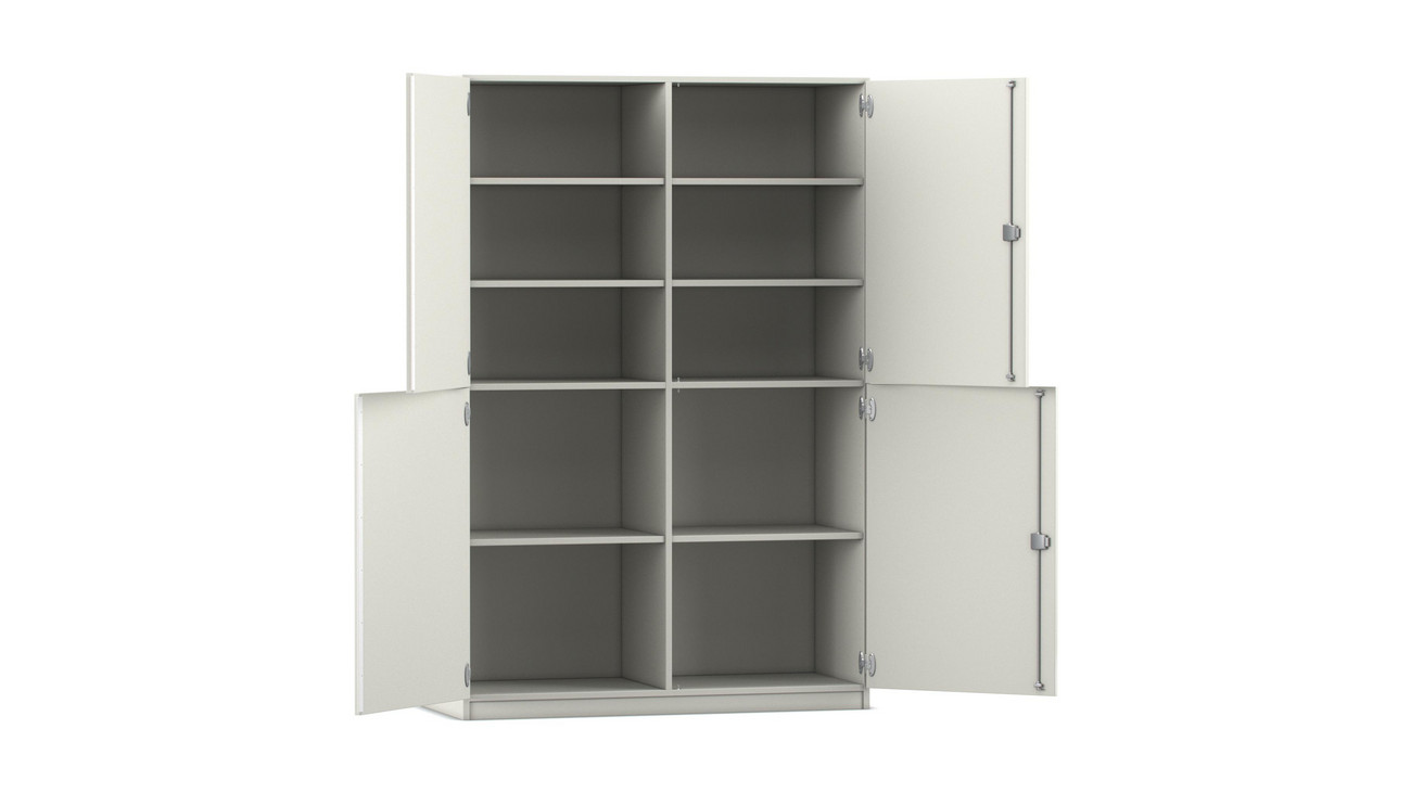 Flexeo Halbtürenschrank weiss, 4 Drehtüren, 8 Fachböden, HxBxT: 190 x 126,4 x 60 cm, Bogengriff mit Schloss