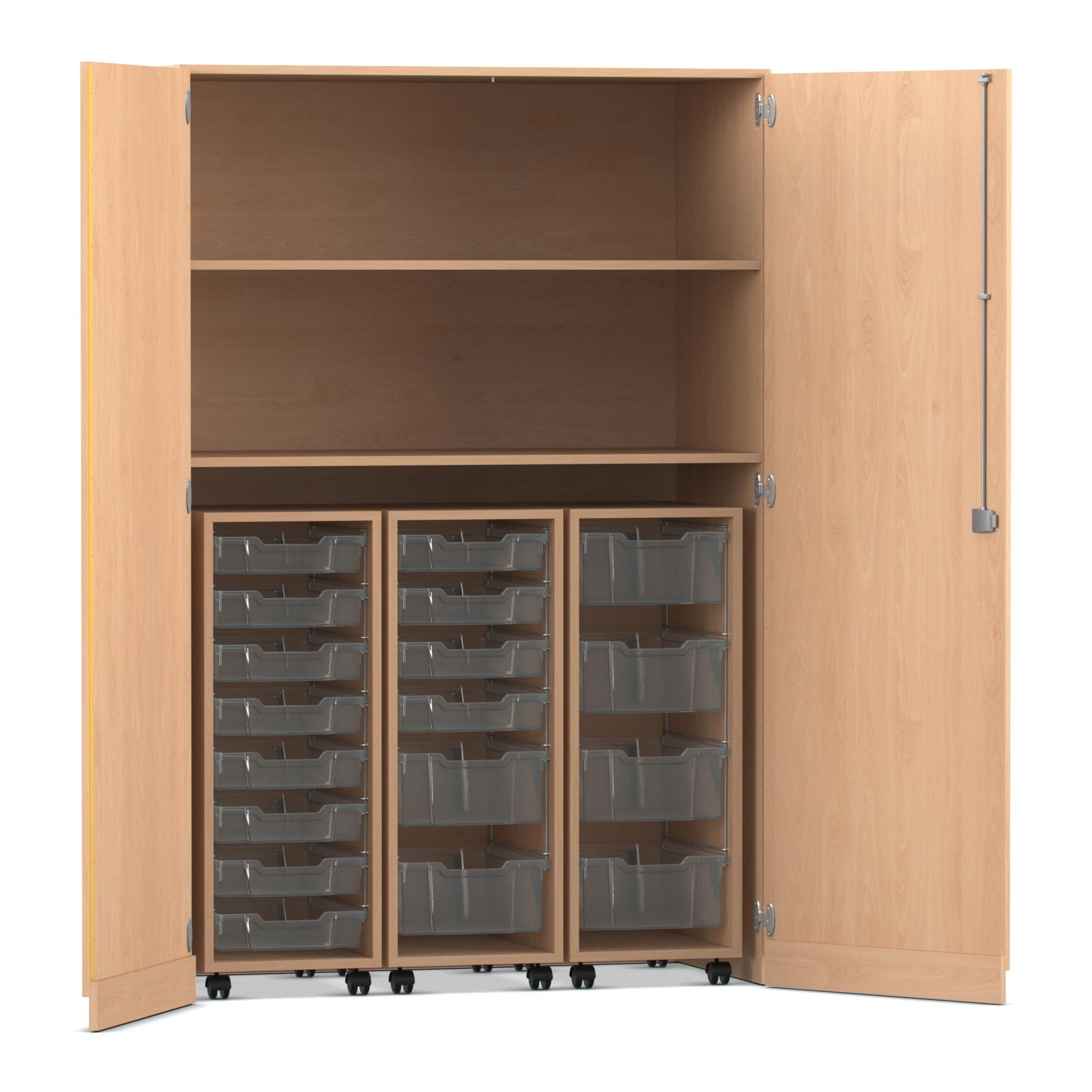 Flexeo Garagenschrank, Buche hell, HxBxT: 190x126,4x60 cm, 3 Rollcontainer mit Boxen transparent, Dreholive
