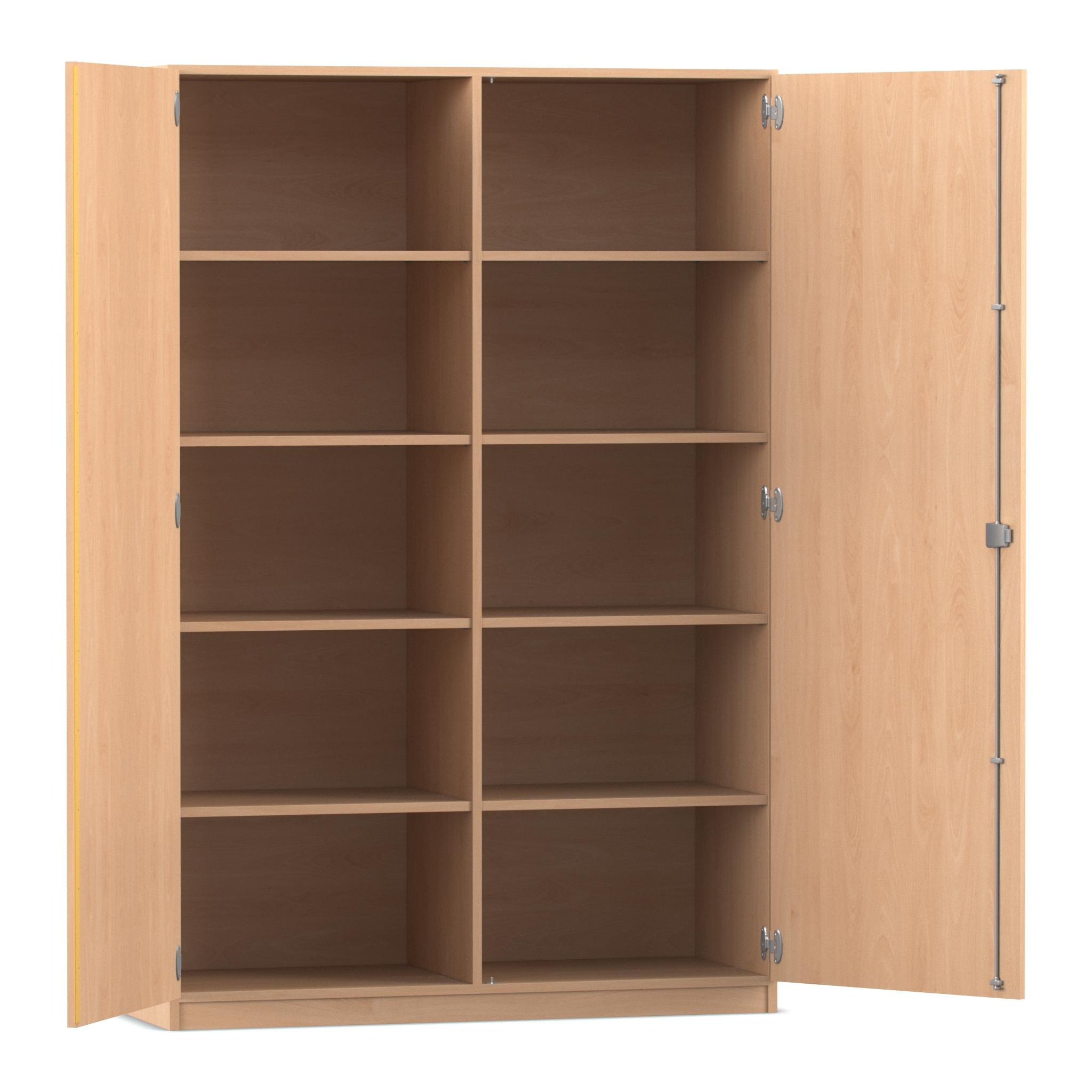 Flexeo® Schrank, Buche hell, 10 Fächer, Mittelwand, 2 Türen, Bogengriff mit Schloss, HxBxT: 190 x 126,4 x 40 cm