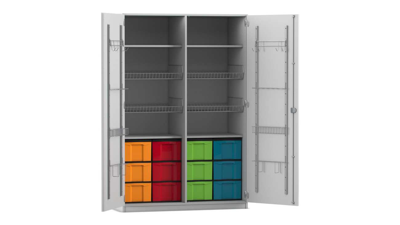 Flexeo Sportschrank, Dekor grau, HxBxT: 190 x 126,4 x 60 cm, 4 Gitterkörbe, 12 große Boxen bunt, Bogengriff mit Schloss