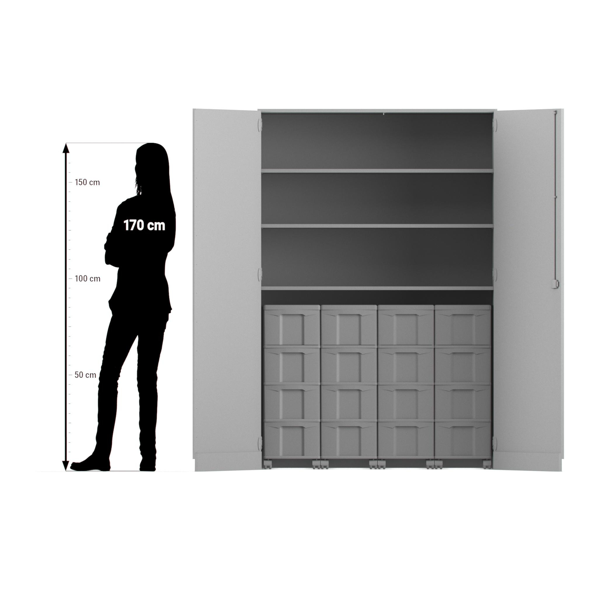 Flexeo® Garagenschrank, Buche hell, HxBxT: 190 x 126,4 x 60 cm, 16 große Boxen bunt, Bogengriff mit Schloss