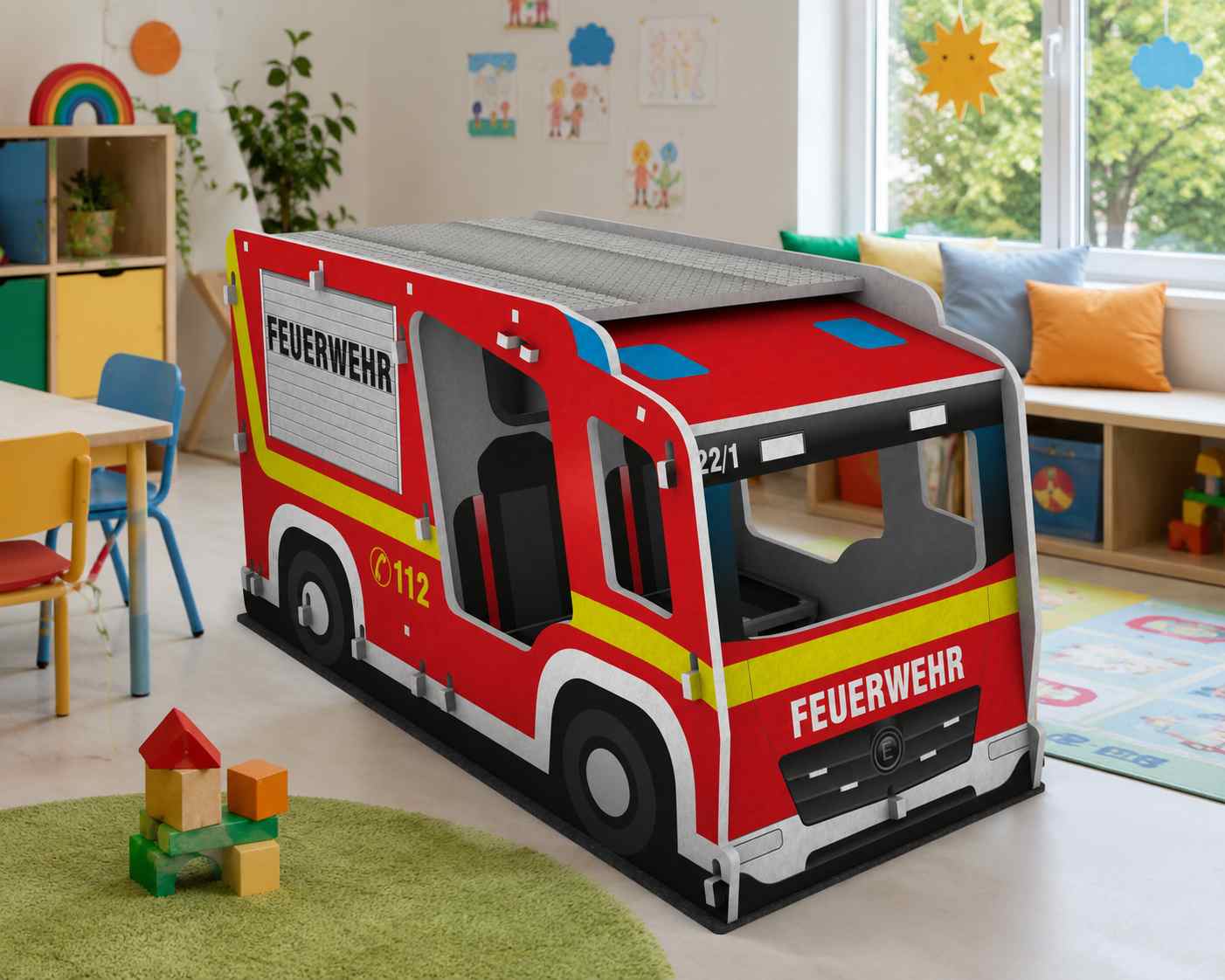 Schallschutz Spielhaus Feuerwehrauto, B1-zertifiziert, 100 x 111 x 205 cm