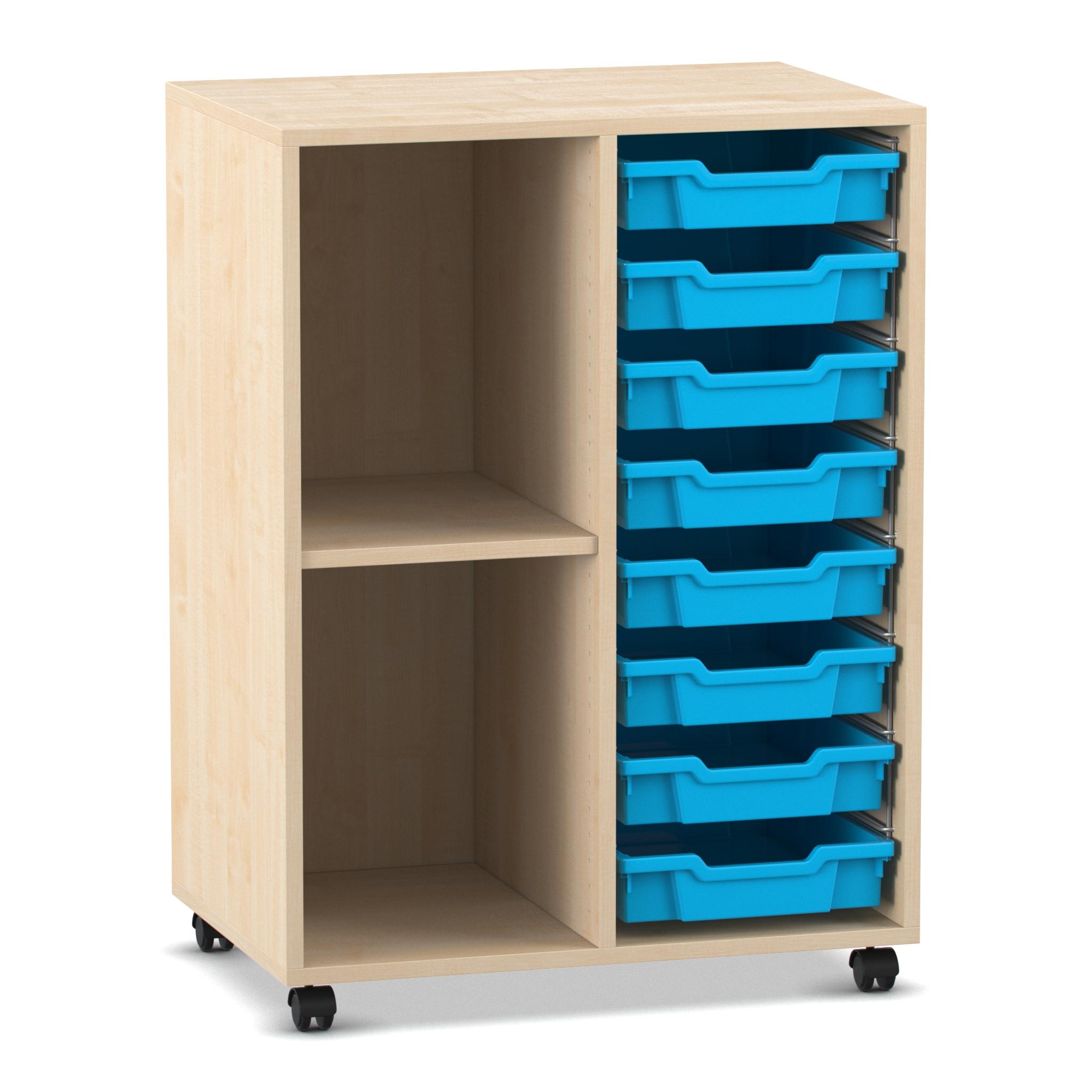 Flexeo Regal PRO mit 2 Reihen, 2 Fächern und 8 kleinen Boxen Hellblau, Dekor Ahorn-Honig, mit Rollen