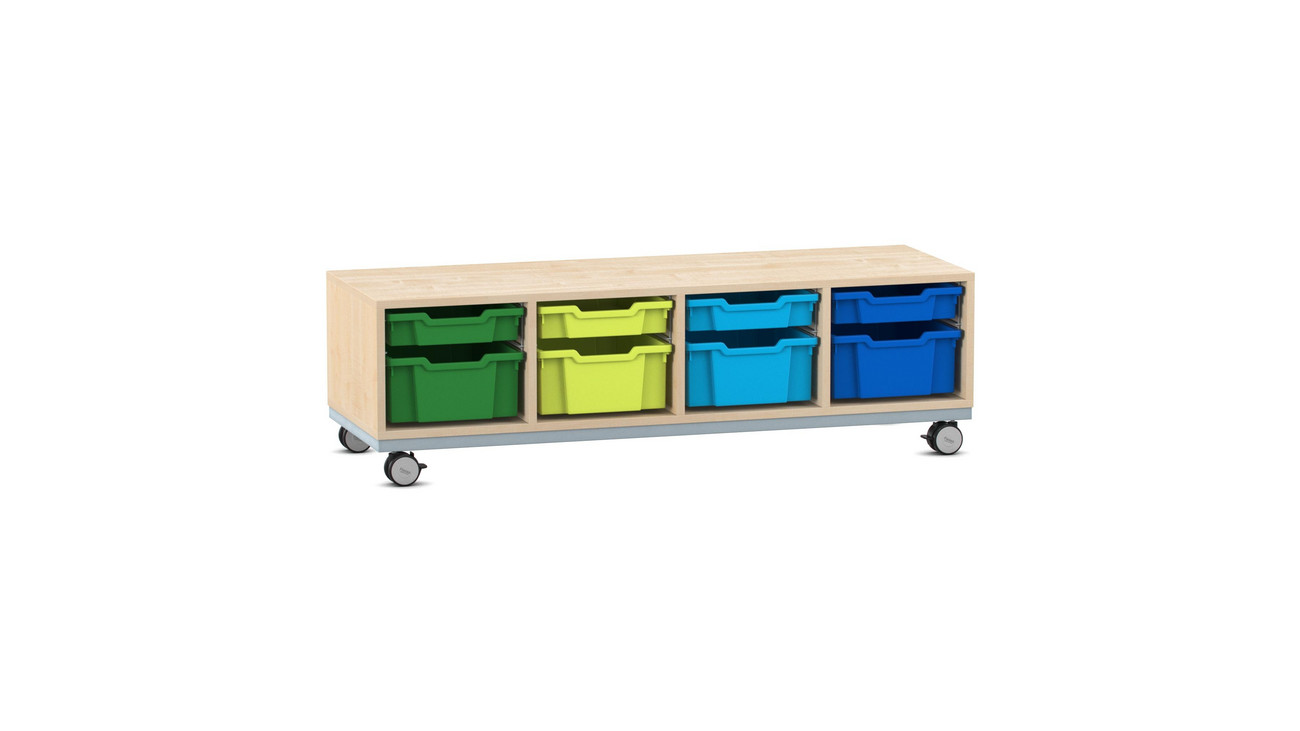 Flexeo® Sitzregal PRO Ahorn honig, Stahlrahmen, 4 Reihen, je 4 große und kleine Boxen bunt B, Rollen