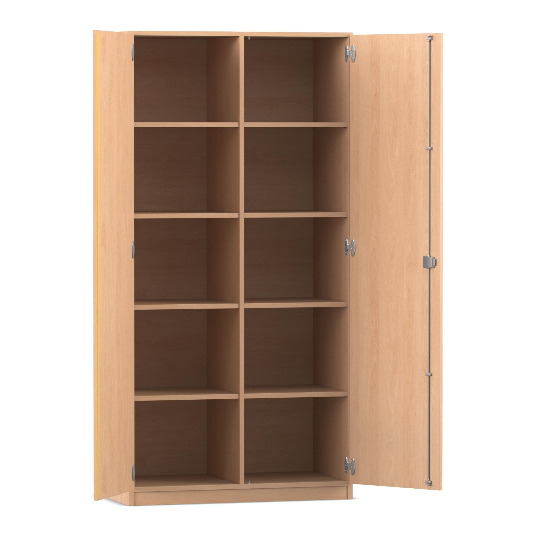Flexeo Hochschrank, Ahorn honig mit 10 Fächern und Türen, 190 x 94,4 x 60 cm, Bogengriff mit Schloss