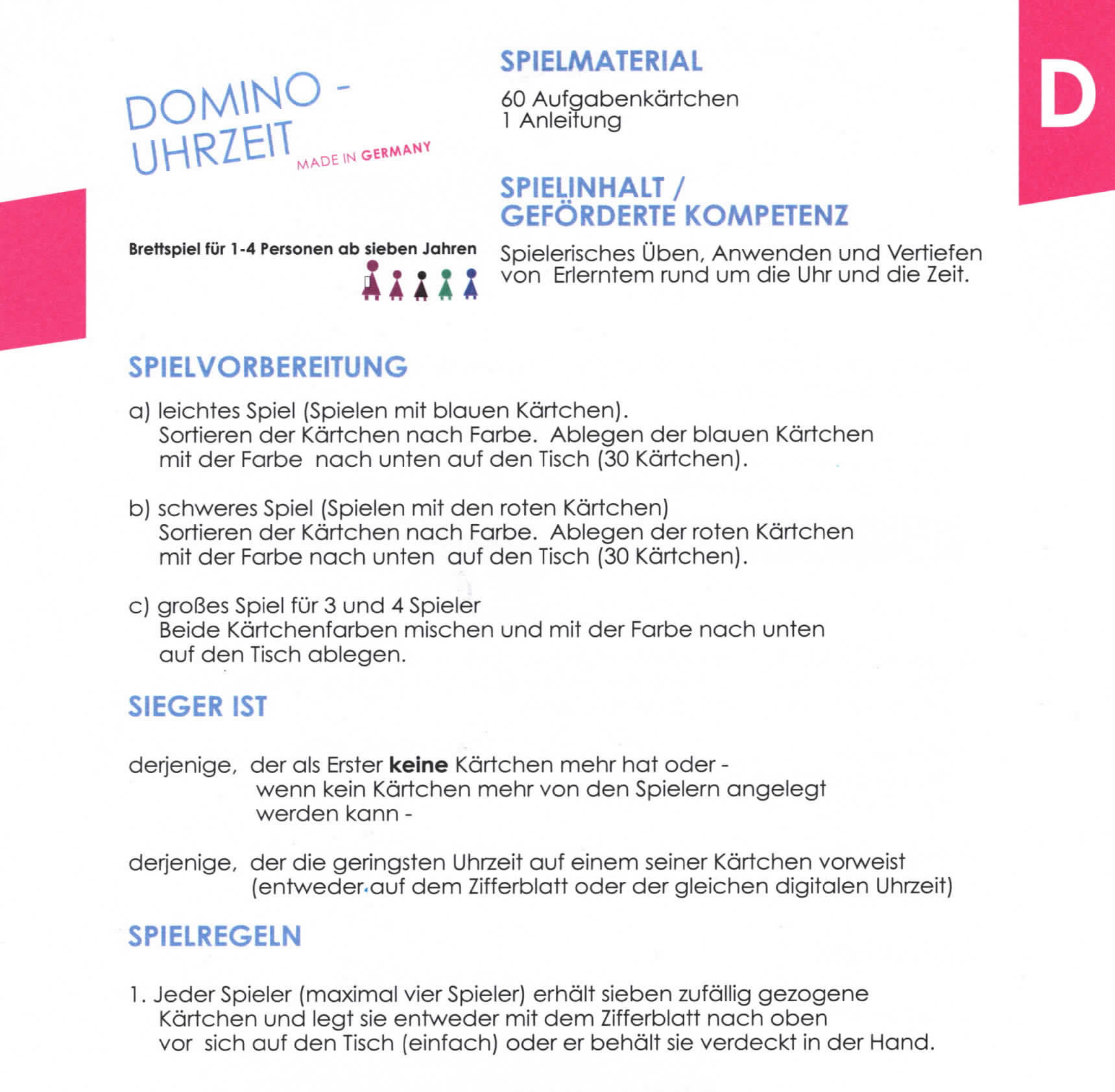 Domino Uhrzeit, Lernspiel, ab 7 Jahre