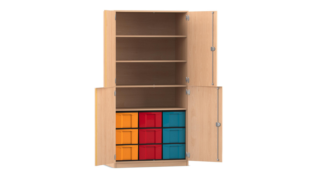 Flexeo Halbtürenschrank Buche Hell, 4 Halbtüren, 4 Fachböden, Tiefe 60 cm, 9 große Boxen transparent