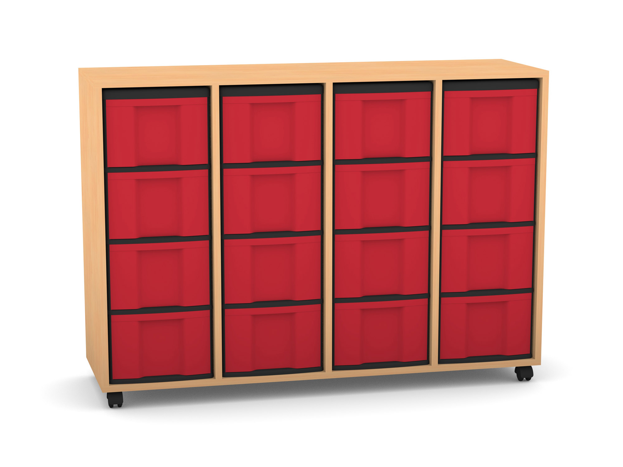 Flexeo Regal mit 4 Reihen, Dekor Buche hell, Stellfüße, 16 hohe Schubladen rot, HxBxT: 92,3 x 130,7 x 40,8 cm