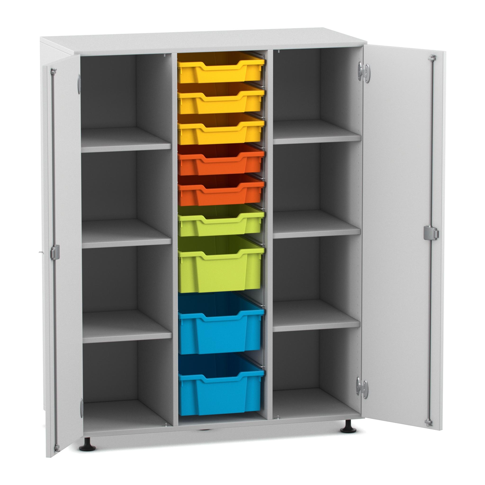 Flexeo Schrank mit 3 Reihen, 9 gemischten Boxen, 2 Türen, Dekor grau