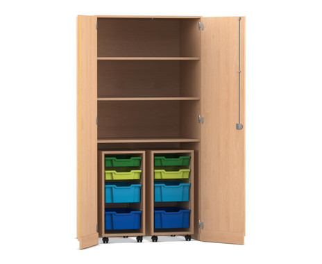 Flexeo® Garagenschrank PRO, Buche hell, HxBxT: 190 x 94,4 x 60 cm, 2 Rollcontainer, 8 Boxen Gr. S und M, bunt B, Dreholive Schloss