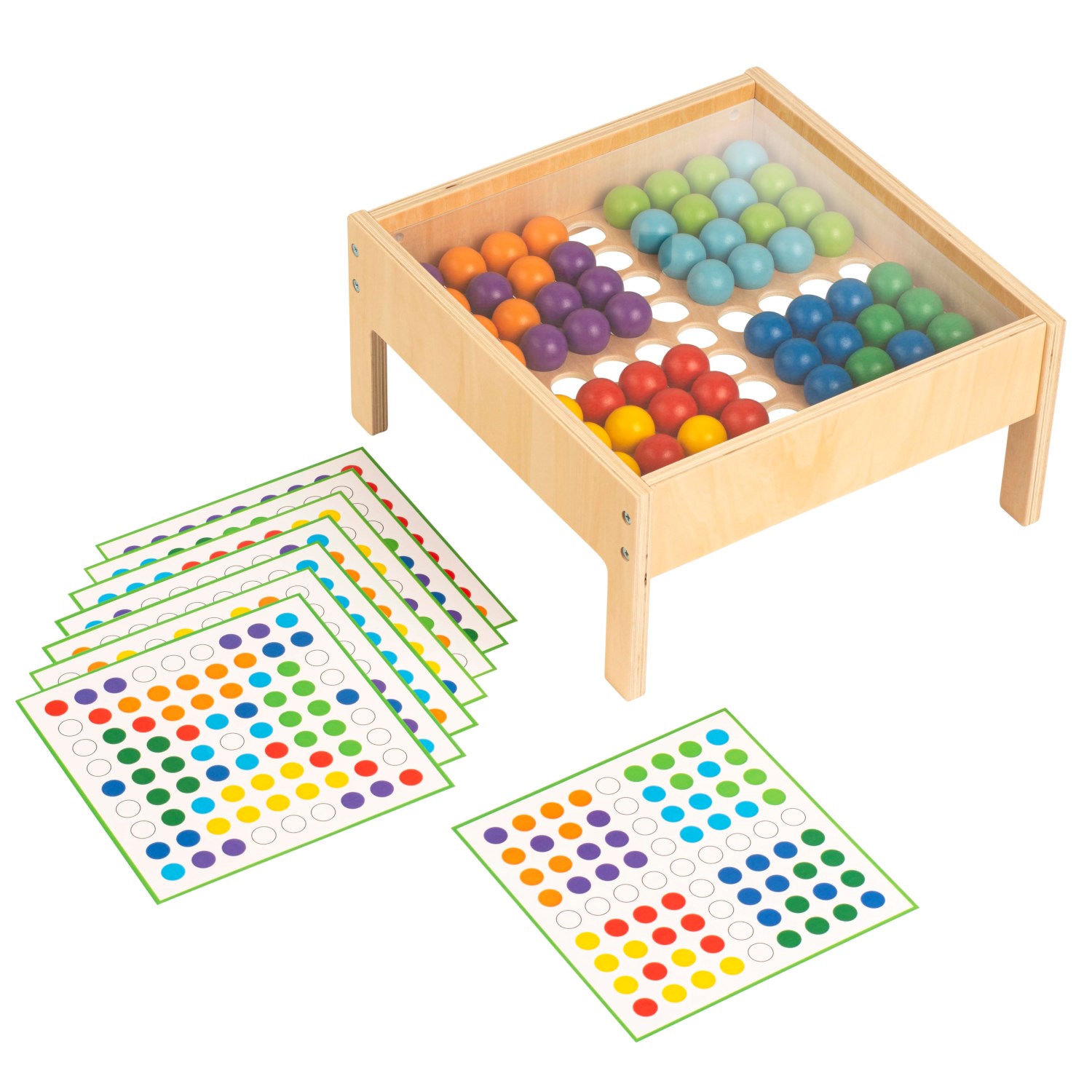 Mosaiktisch mit farbigen Bällen, Legespiel mit Aufgabenkarten