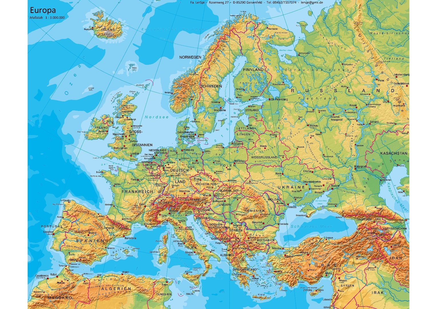 Leinenkarte in Schulausführung, Europa physisch, 150 x 120 cm
