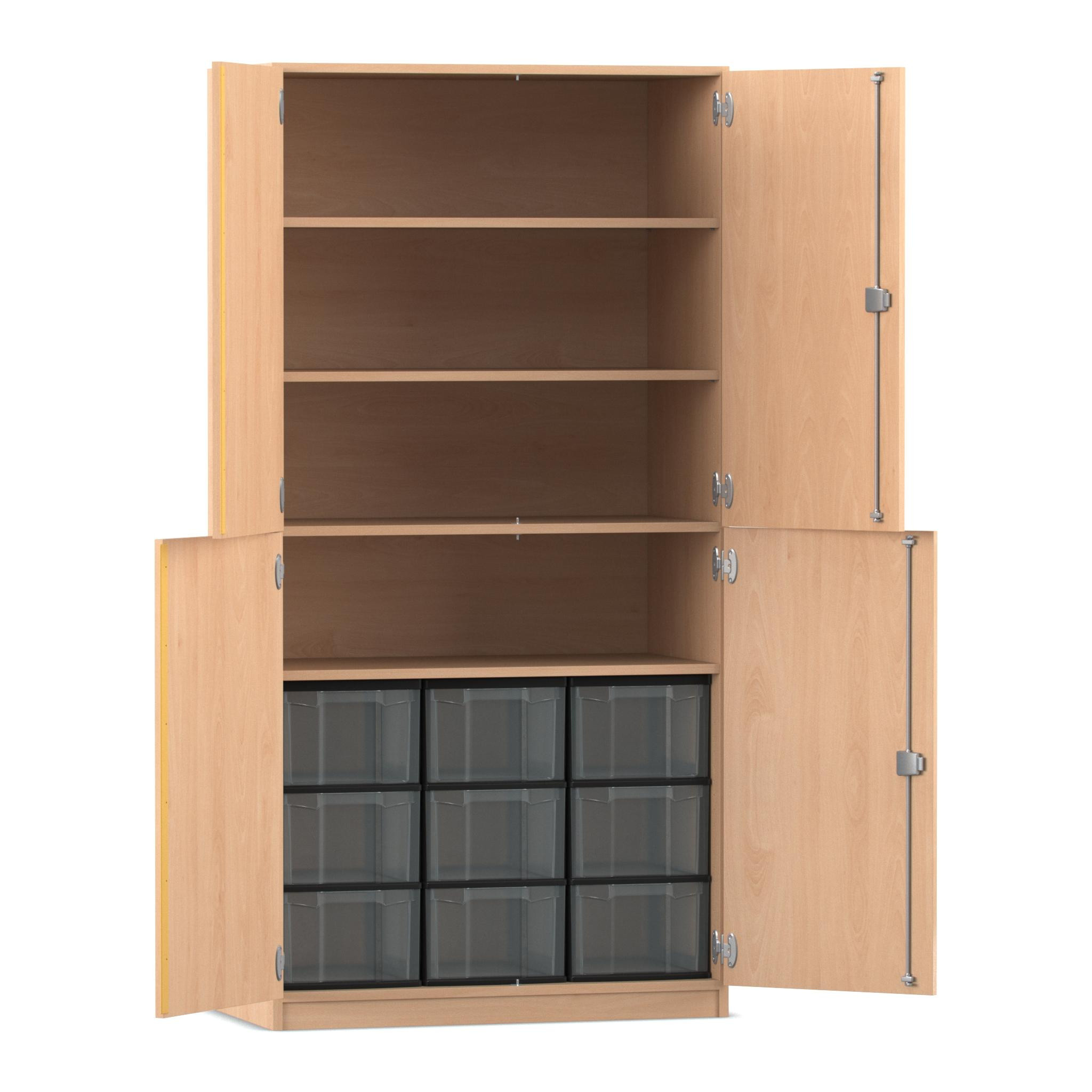 Flexeo Halbtürenschrank Buche Hell, 4 Halbtüren, 4 Fachböden, Tiefe 50 cm, 9 große Boxen transparent, Dreholive