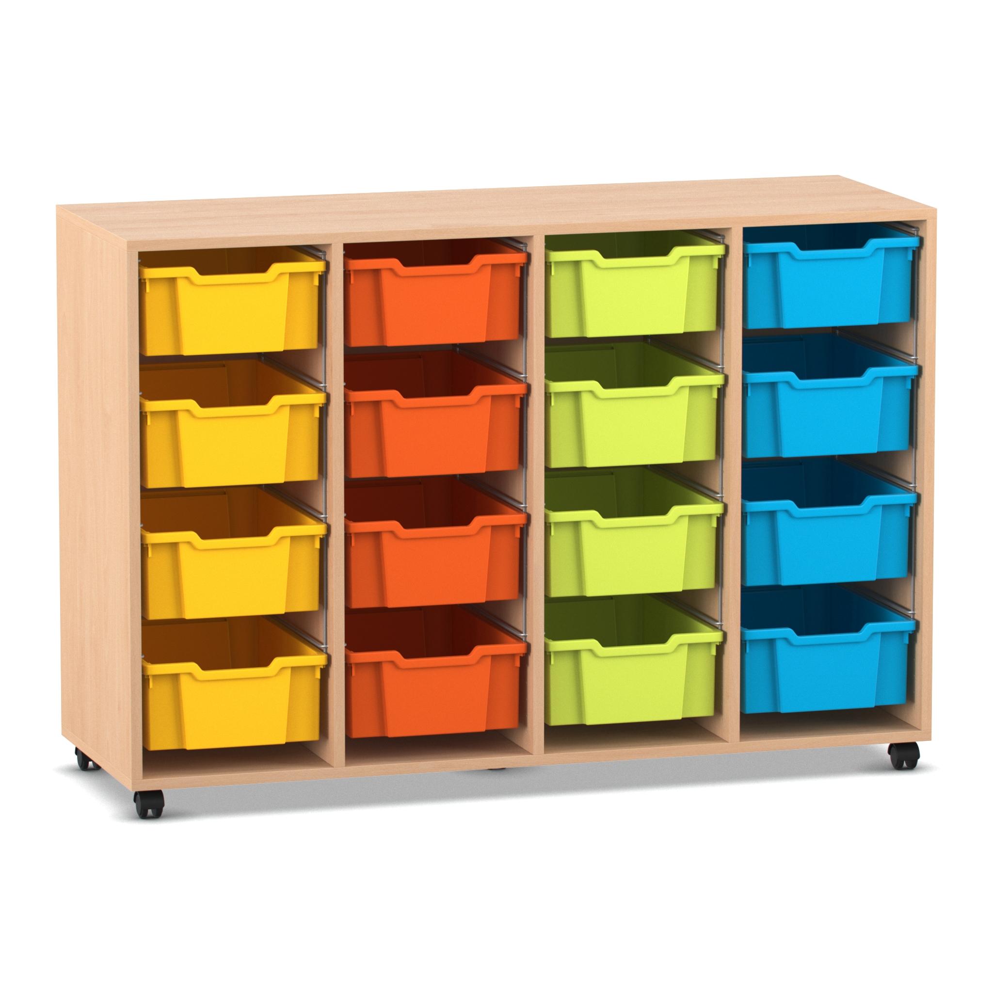 Flexeo Regal PRO, Buche hell, 4 Reihen, 16 große Boxen bunt A, HxBxT: 99,1 x 143,9 x 48 cm, Sockel