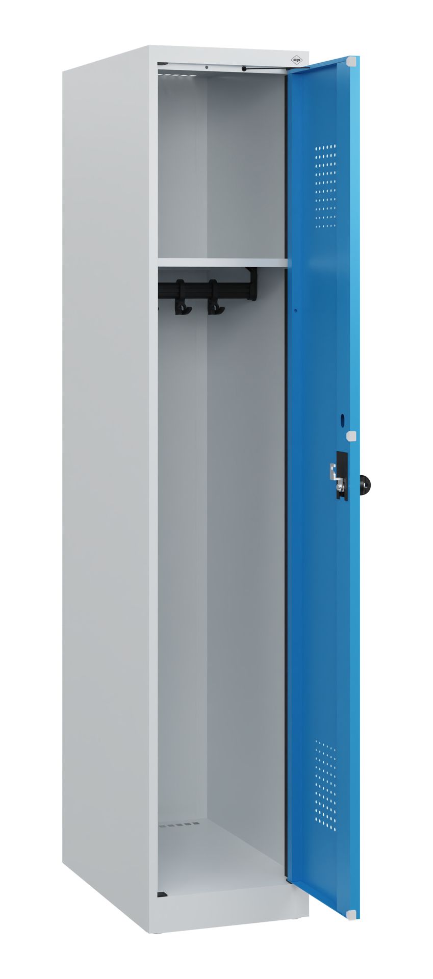 C+P Spind Evolo PLUS, lichtgrau, 1 Abteil, 1530x300x500mm, Türen lichtblau, Bodengleiter, Zylinderschloss