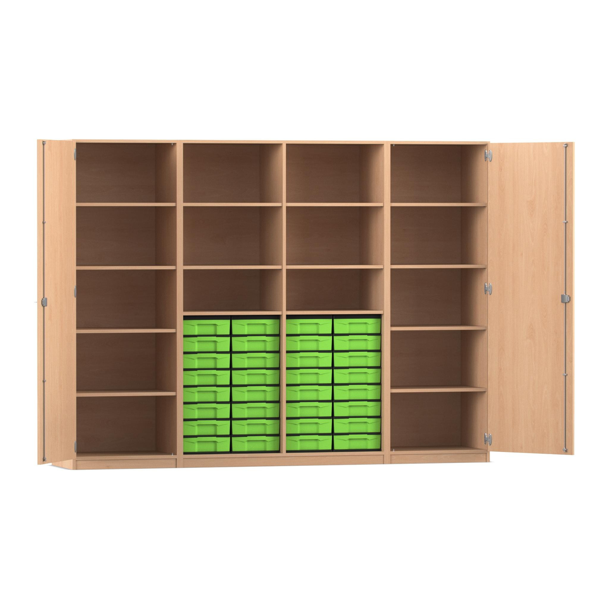 Flexeo® Systemschrankwand Mars, Buche hell, 32 kleine Boxen grün, 16 Fächer, HxBxT: 190 x 254,6 x 50 cm, Dreholive