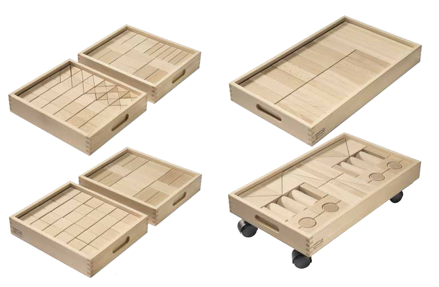 Fröbel-Bauwagen, 230 Bausteine in 6 Holzkästen