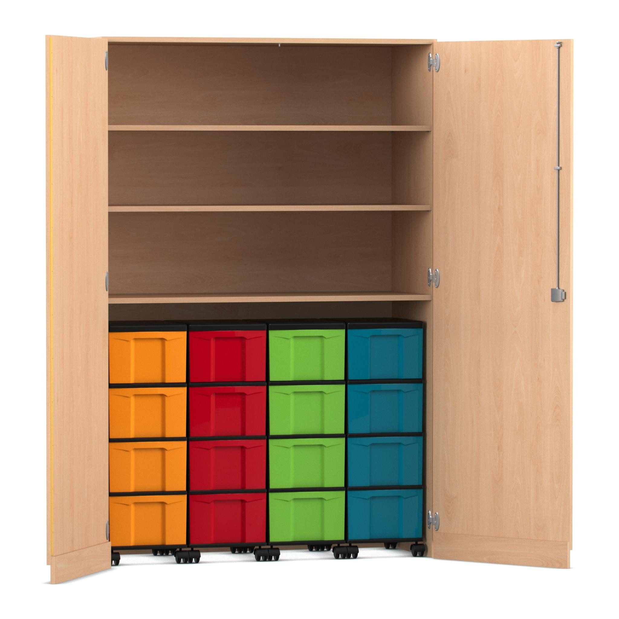 Flexeo® Garagenschrank, Buche hell, HxBxT: 190 x 126,4 x 60 cm, 16 große Boxen bunt, Bogengriff mit Schloss