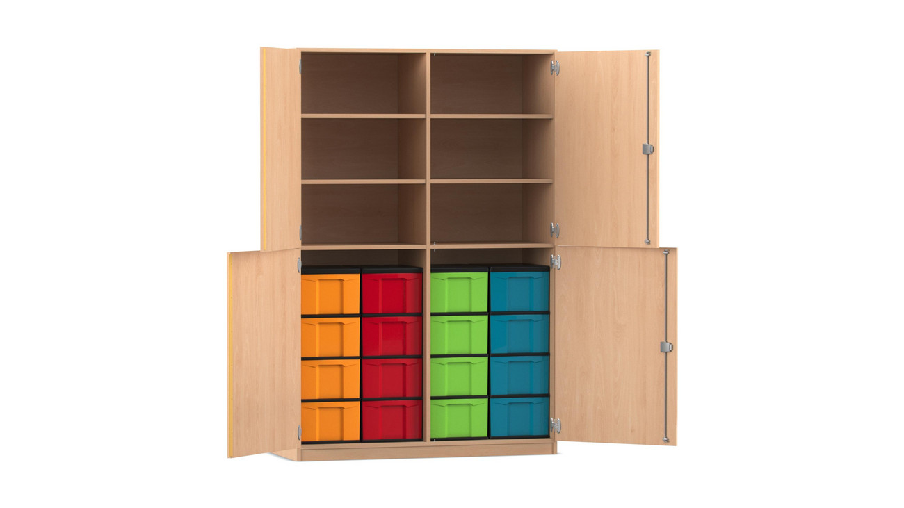 Flexeo Halbtürenschrank Buche hell, HxBxT: 190 x 126,4 x 50 cm, 16 Boxen transparent, Dreholive