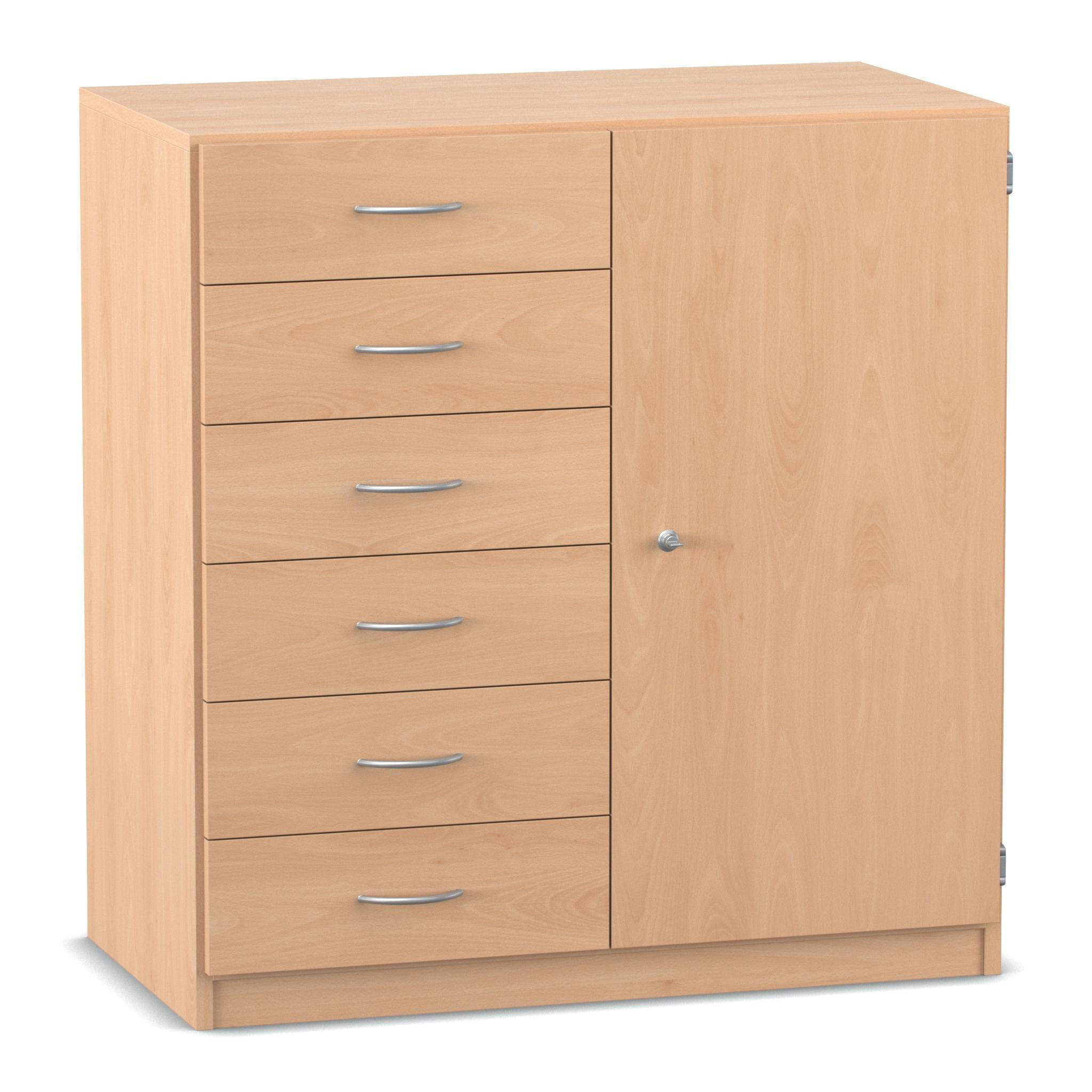 Flexeo® Schrank, Buche hell, 6 kleine Schubladen, Türanschlag rechts, HxBxT: 99, 1 x 94,4 x 40 cm, Bogengriff mit Schloss