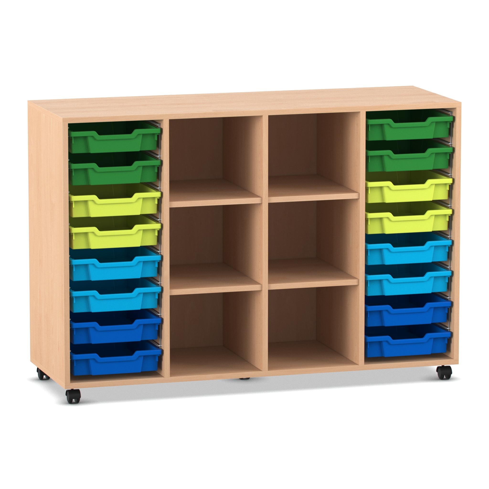Flexeo® Regal PRO Buche hell 99,1 x 143,9 x 48 cm, 4 Reihen, 6 Fächer, 16 Boxen blau-grün, Rollen