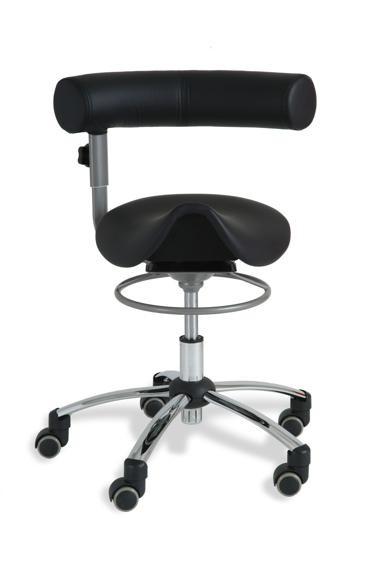 Sanus®-Sattelsitz 42-51 cm mit höhenverstellbarer Lehne, Kunstleder schwarz, Bürorollen
