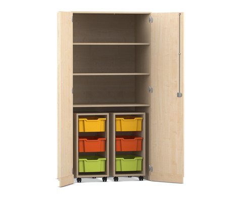 Flexeo® Garagenschrank PRO, Ahorn, 2 Rollcontainer, 6 Boxen bunt, 3 Fächer, HxBxT: 190 x 94,4 x 60 cm
