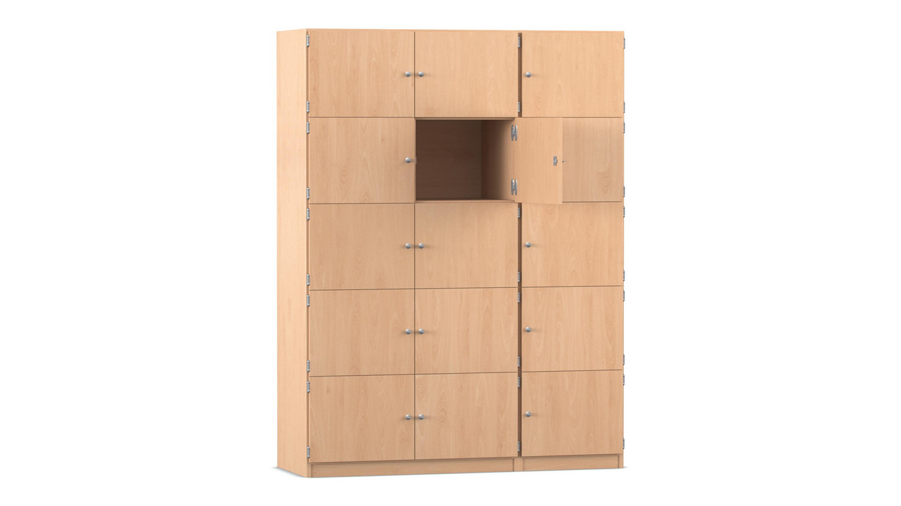 Flexeo Schließfachschrank, Buche hell, 15 geschlossene Fächer, HxBxT: 190x142,5x40 cm