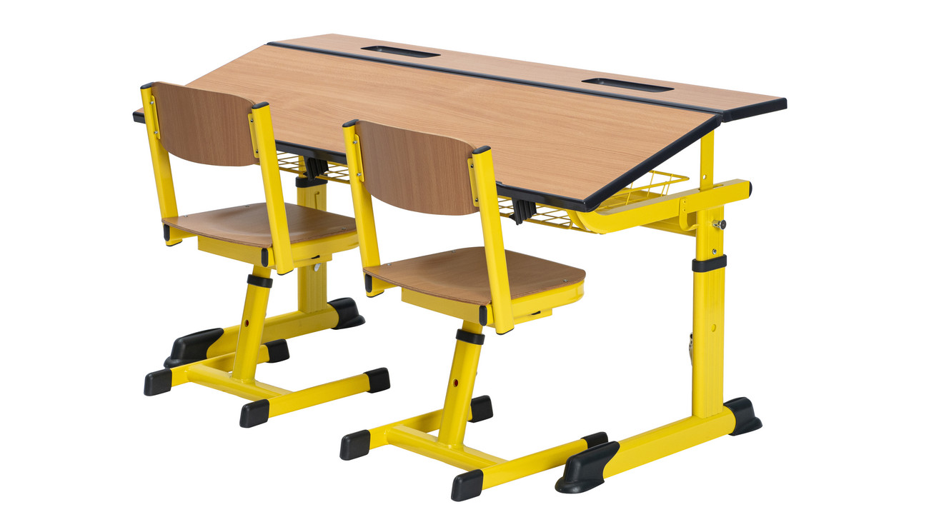Aluflex Zweier-Schülertisch, höhenverstellbar 58-70 cm, Stahlfarbe zinkgelb, mit Drahtkorbablage, Filzgleiter, 6-12 Jahre