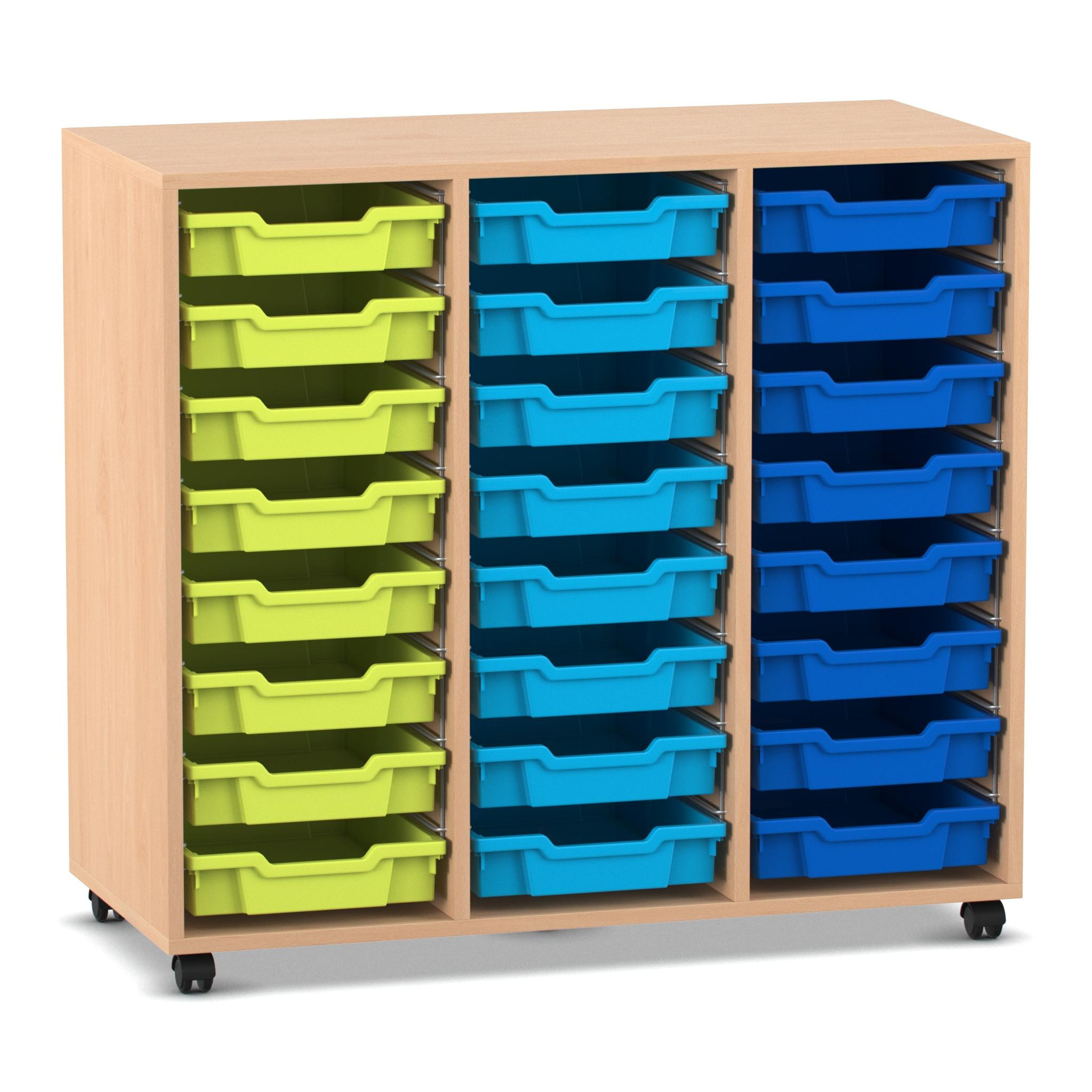 Flexeo Regal PRO, Buche hell, HxBxT: 99,1 x 108,5 x 48 cm, 3 Reihen, 24 kleine Boxen bunt B, Rollen