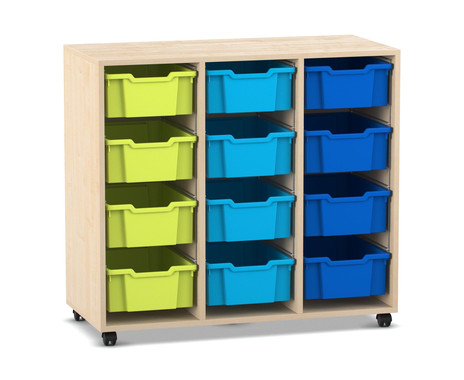 Flexeo Regal PRO, 3 Reihen, 12 große Boxen bunt B, Sockel, Ahorn honig