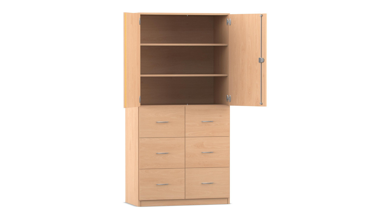 Flexeo Hochschrank mit Sockel, Buche hell, 6 große Schubladen, HxBxT: 190x94,4x50 cm