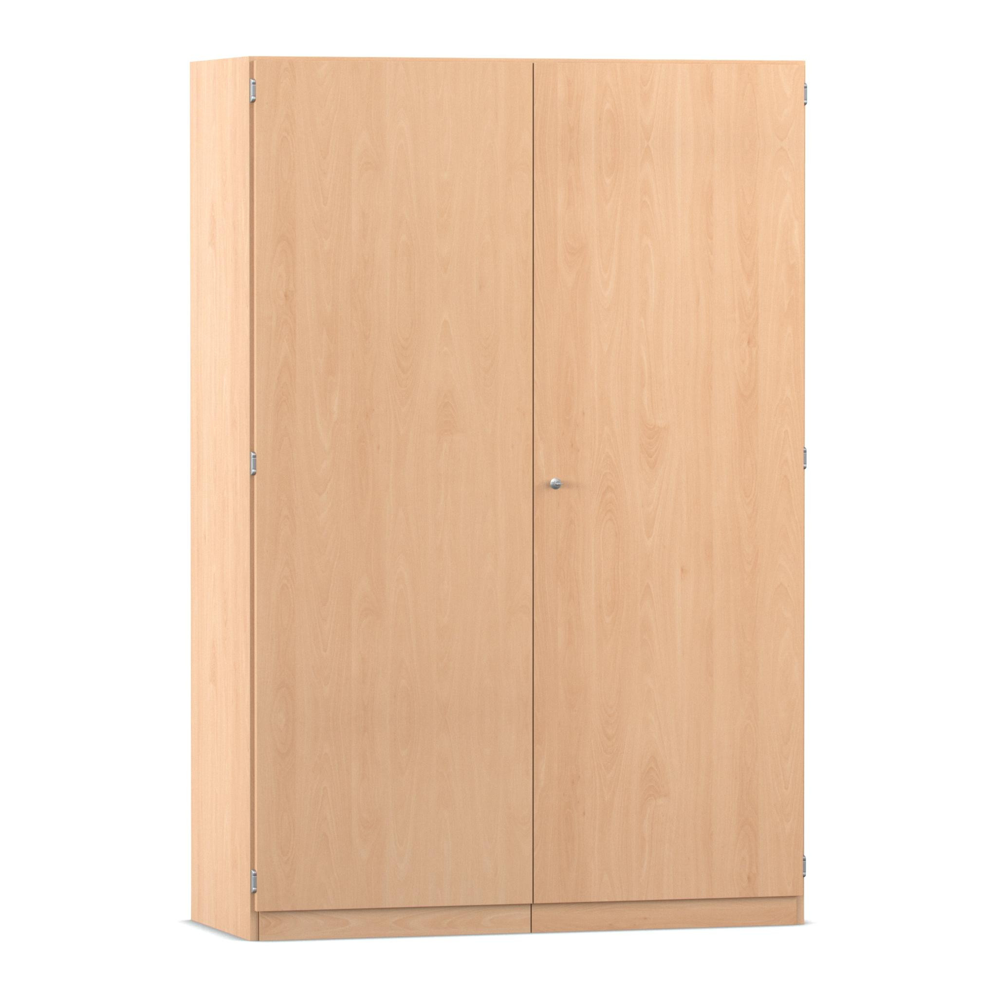 Flexeo® Garagenschrank, Buche hell, HxBxT: 190 x 126,4 x 60 cm, 16 große Boxen bunt, Bogengriff mit Schloss