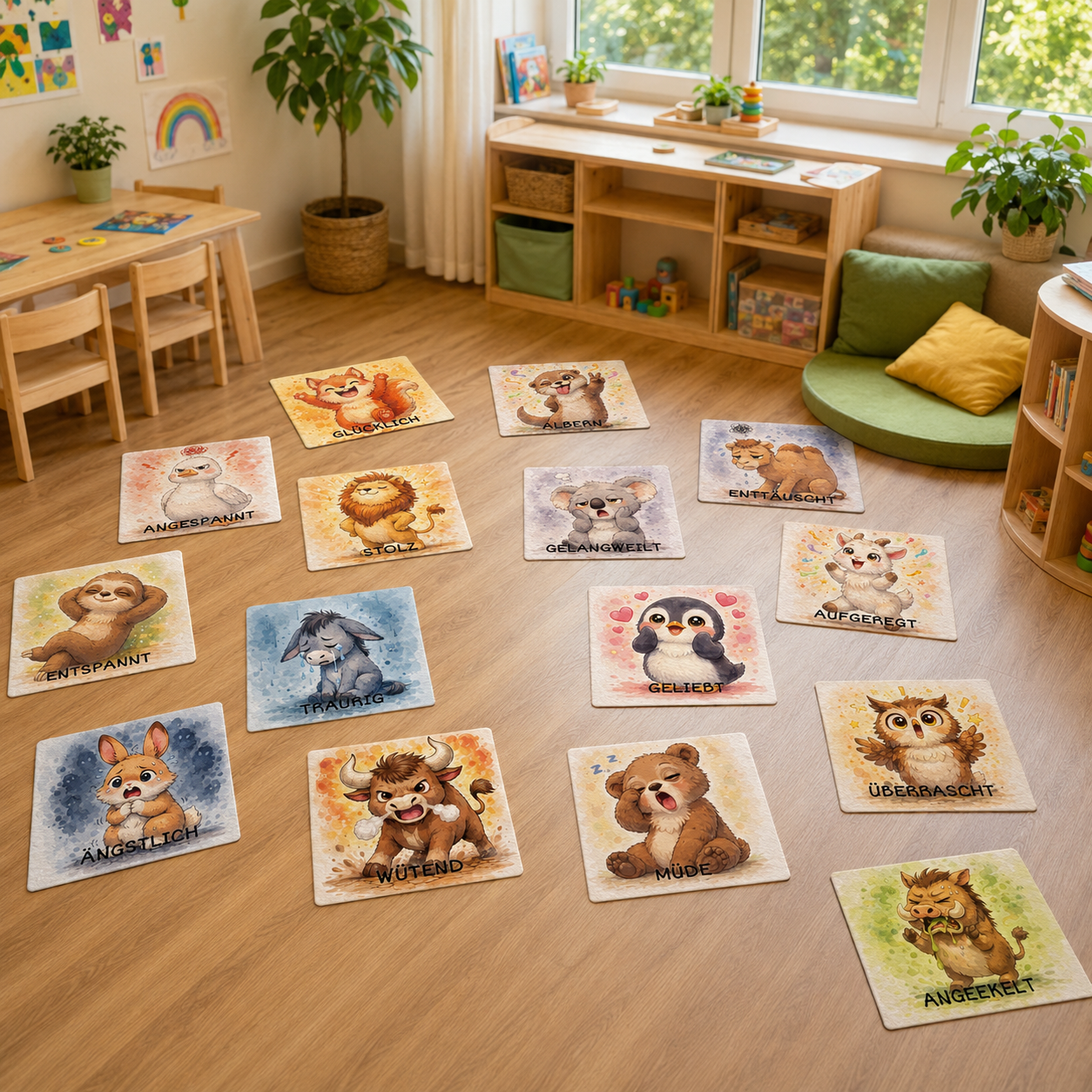Sitz-Teppichfliesen Emotionen, 16 Tiere mit verschiedenen Gefühlen, für Kinder, 34 x 34 cm