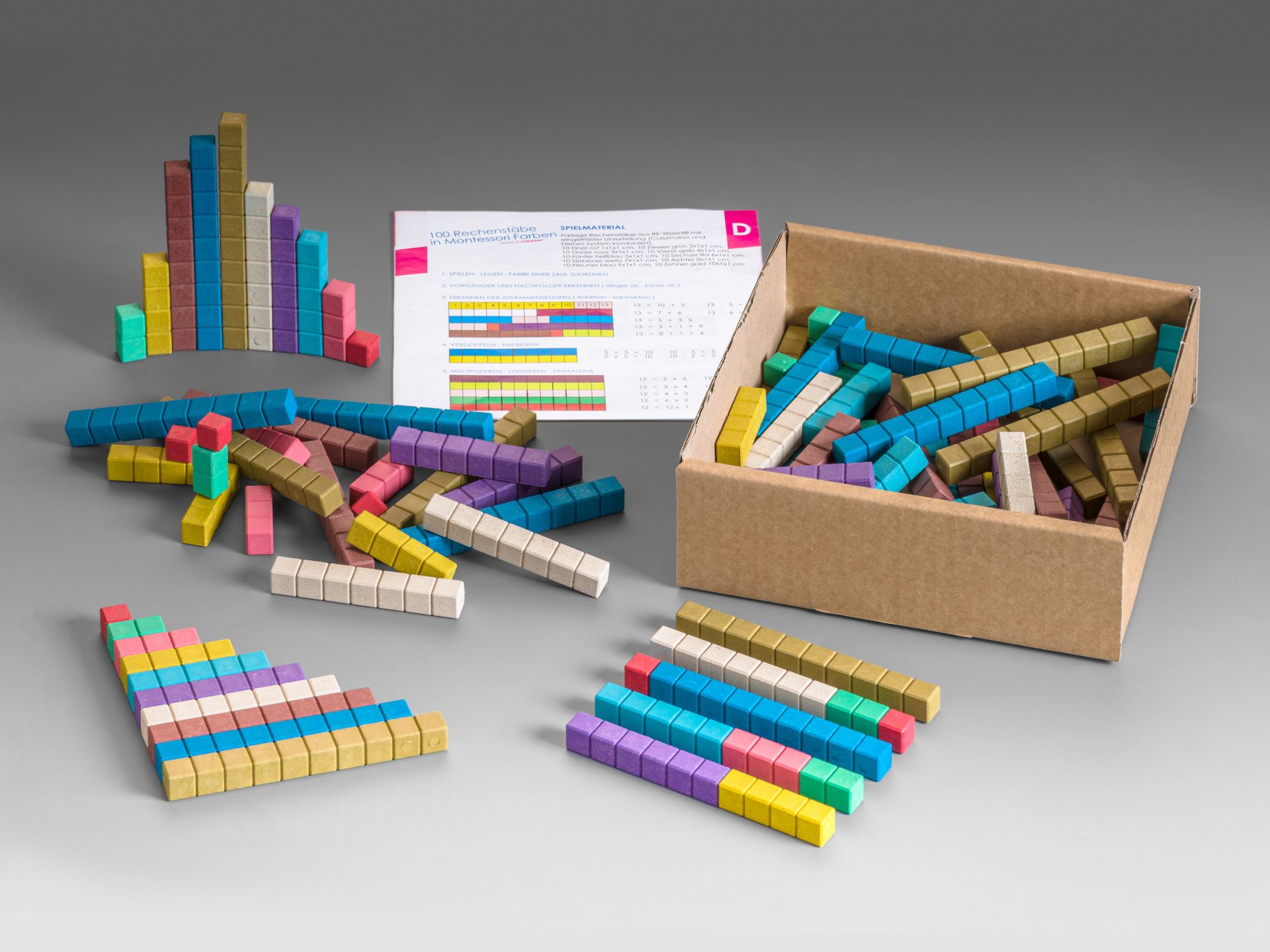 Rechenstäbe in 10 Montessori-Farben, aus RE-Wood®, 100 Stück im Karton mit Anleitung