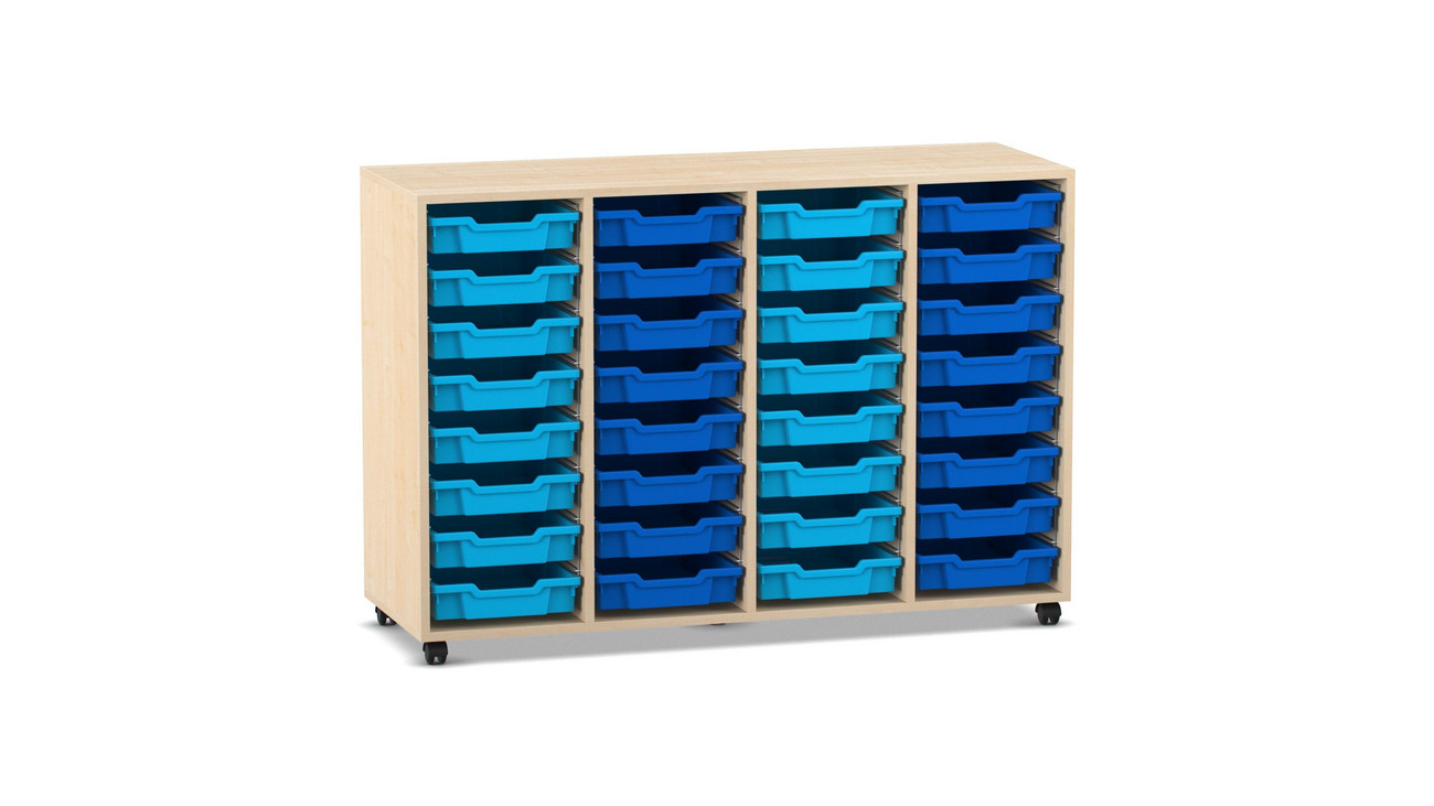 Flexeo Regal PRO weiß, HxBxT: 99.1 x 143.9 x 48 cm, 4 Reihen, 32 kleine Boxen hellblau/dunkelblau, Sockel