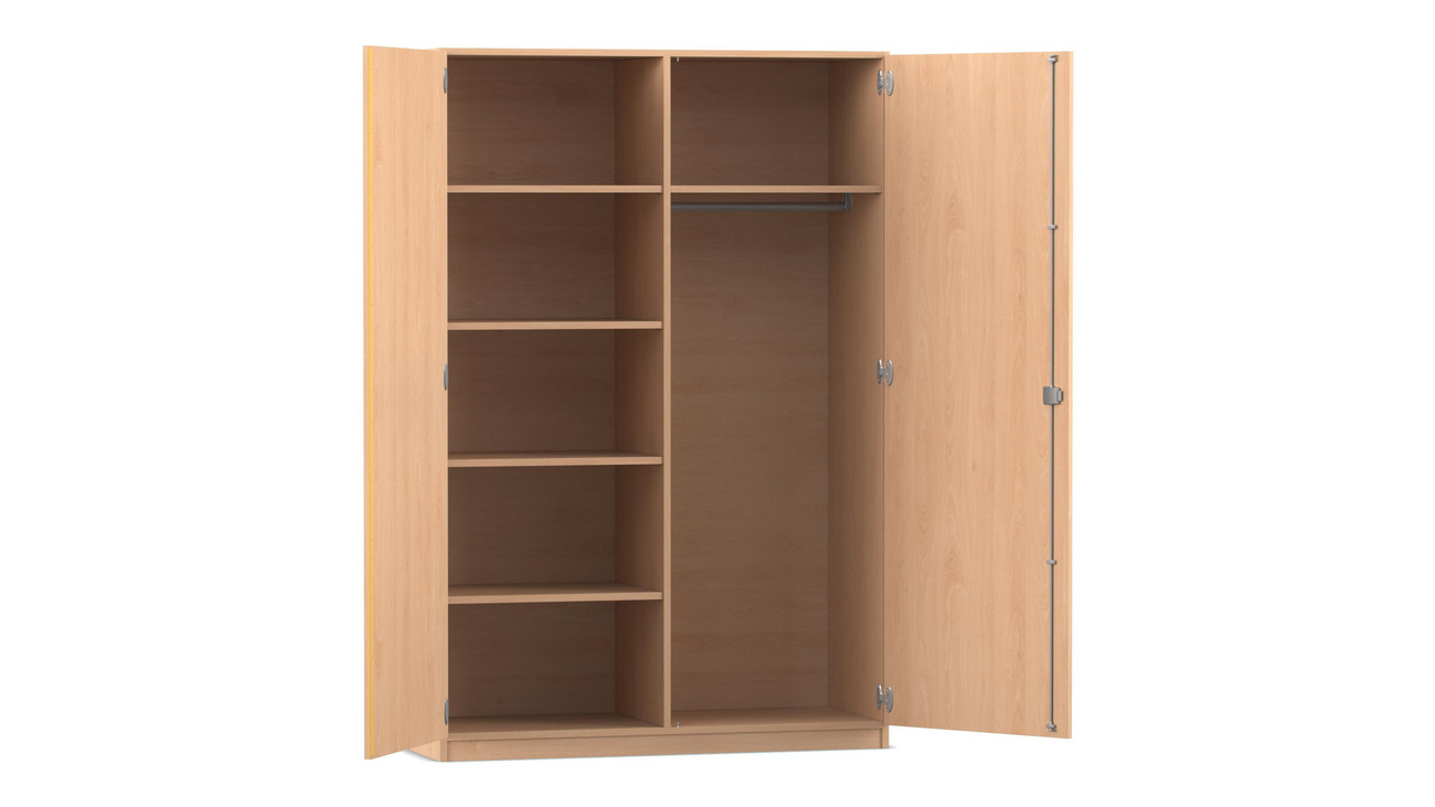 Flexeo Garderobenschrank mit einer Garderobe und 6 Fächern, Buche hell, HxBxT: 190 x 126,4 x 60 cm, Bogengriff mit Schloss